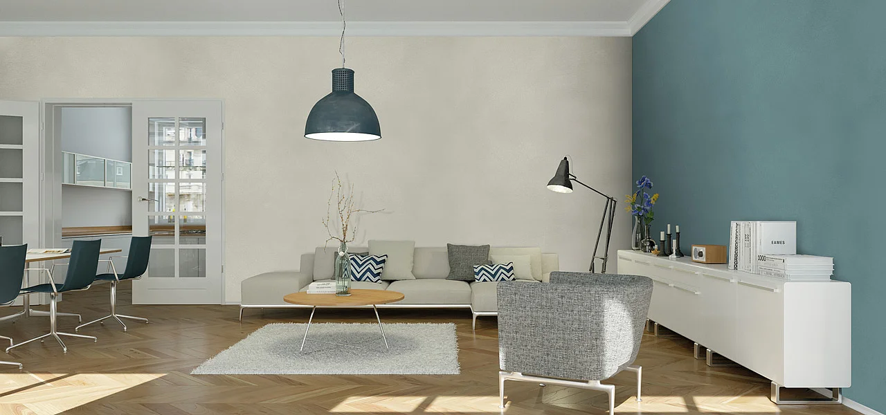 Ein mit der Wandfarbe Calce Argilla Paint gestrichenes Wohnzimmer